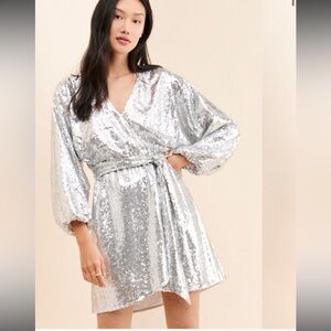 Anthropologie A+ Lisabette Sequined faux wrap Mini Dress in Silver. Retail $178